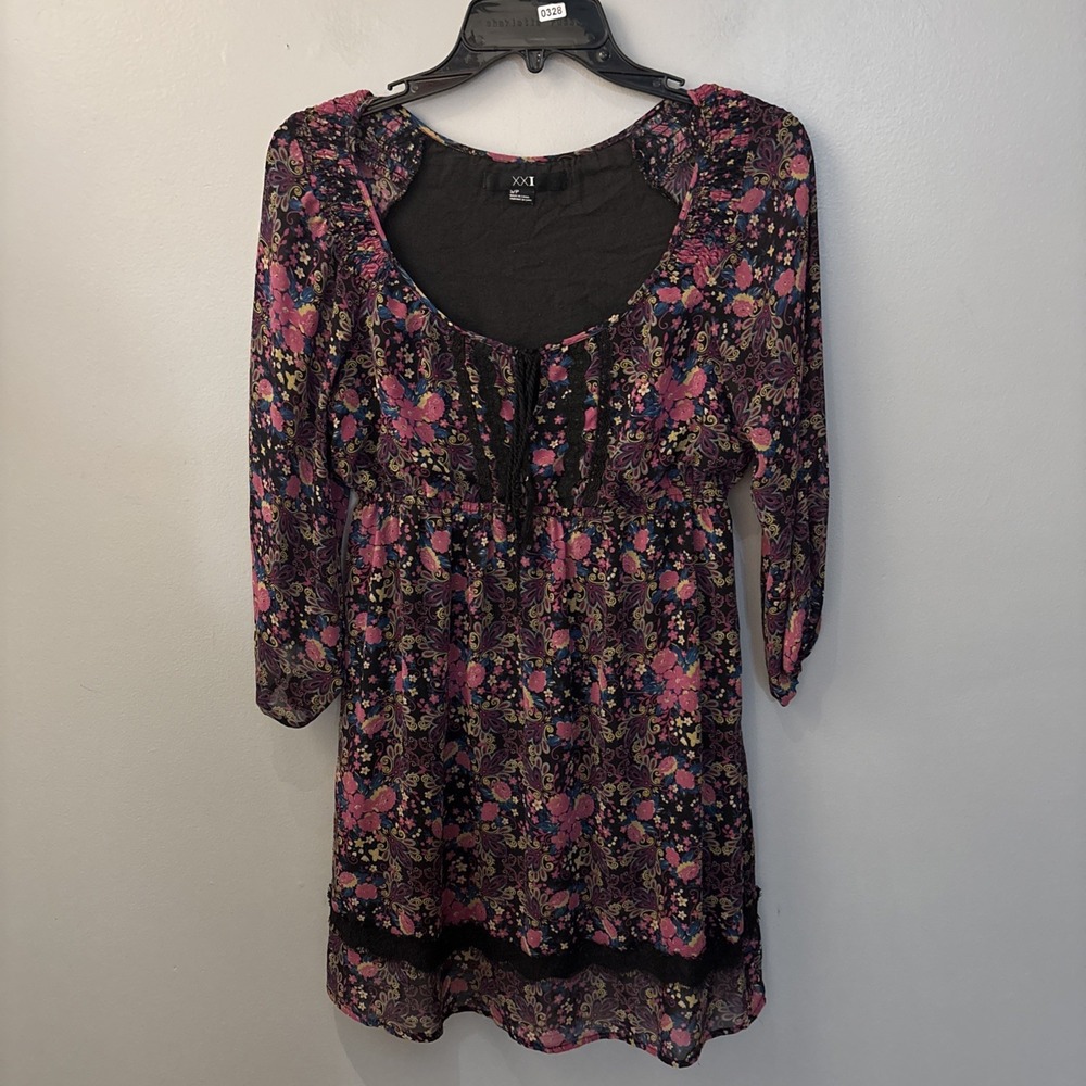 Black Floral Long Sleeve Dress Smocked Babydoll Peasant Whimsygoth women’s Sz S